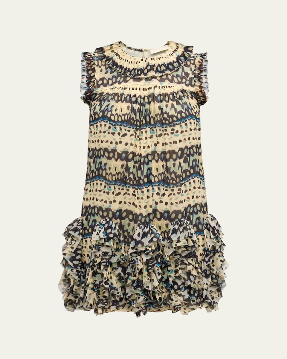 Miri Abstract-Print Ruffle Silk Mini Dress
